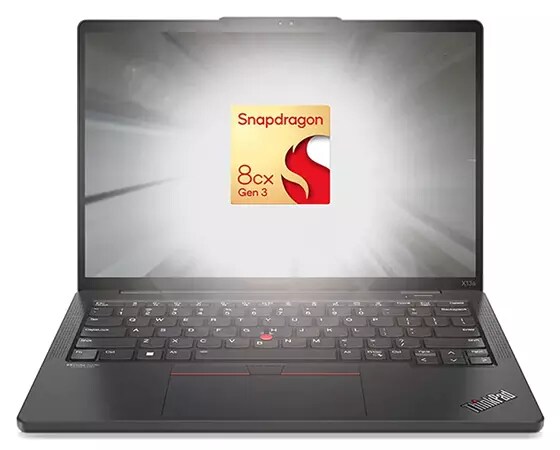 Front-facing Lenovo ThinkPad X13s laptop emphasizing Snapdragon® processor logo on the display