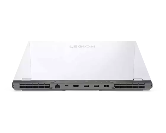 Rückansicht des Lenovo Legion 5i Pro Gen 7 (16'' Intel) Gaming-Notebooks, Modell in Glacier White, geschlossen, mit Anschlüssen