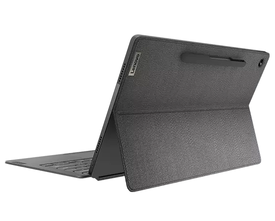 IdeaPad Duet 5 Chromebook Gen 6 (13″ QCOM), Storm Gray, rear view facing left, folio case with kickstand extended