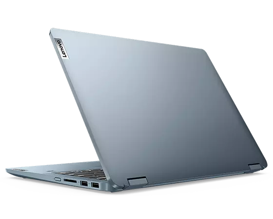 Lenovo IdeaPad Flex 5 Gen 7 (14'' AMD) 2-in-1-Notebook – Dreiviertelansicht von hinten, Laptop-Modus, Deckel teilweise geöffnet