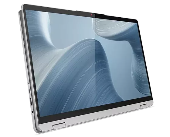 Angle view of the 16” IdeaPad Flex 5i in tablet mode, showing the display depicting a gray swirling wallpaper screen