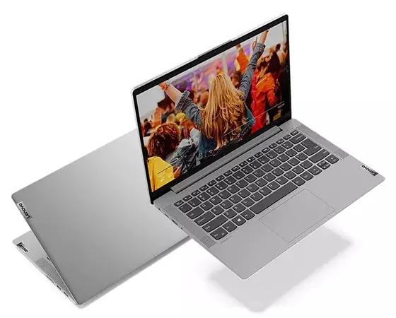  View of lid and keyboard of two Lenovo IdeaPad 5 (14) AMD in silver color