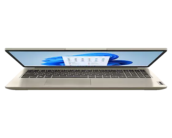 Laptop Lenovo IdeaPad 1 Gen 7 (15.6″, AMD) ligeramente abierta, de frente con Windows 11 en pantalla