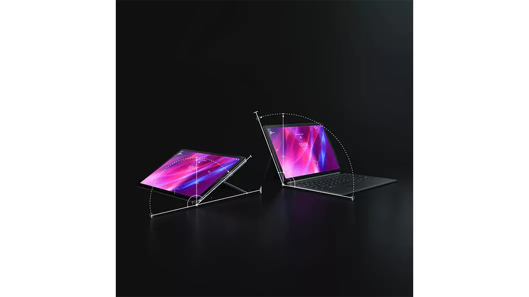 Two Lenovo Tab P11 Plus tablets—one in laptop mode with optional keyboard and one in stand mode with optional folio.
