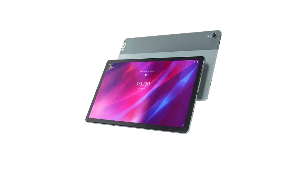 Two Lenovo Tab P11 Plus tablets in Modernist Teal—front view with pink and blue graphics on the display and rear view staggered behind it.