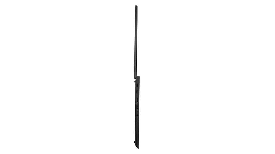 Right-side profile of Thunder Black Lenovo ThinkPad X13 Gen 3 laptop open 180 degrees.