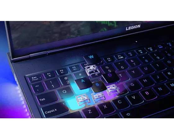 Legion 7i Gen 6 (16'' Inte) closeup of True Strike keyboard switches with blue backlite