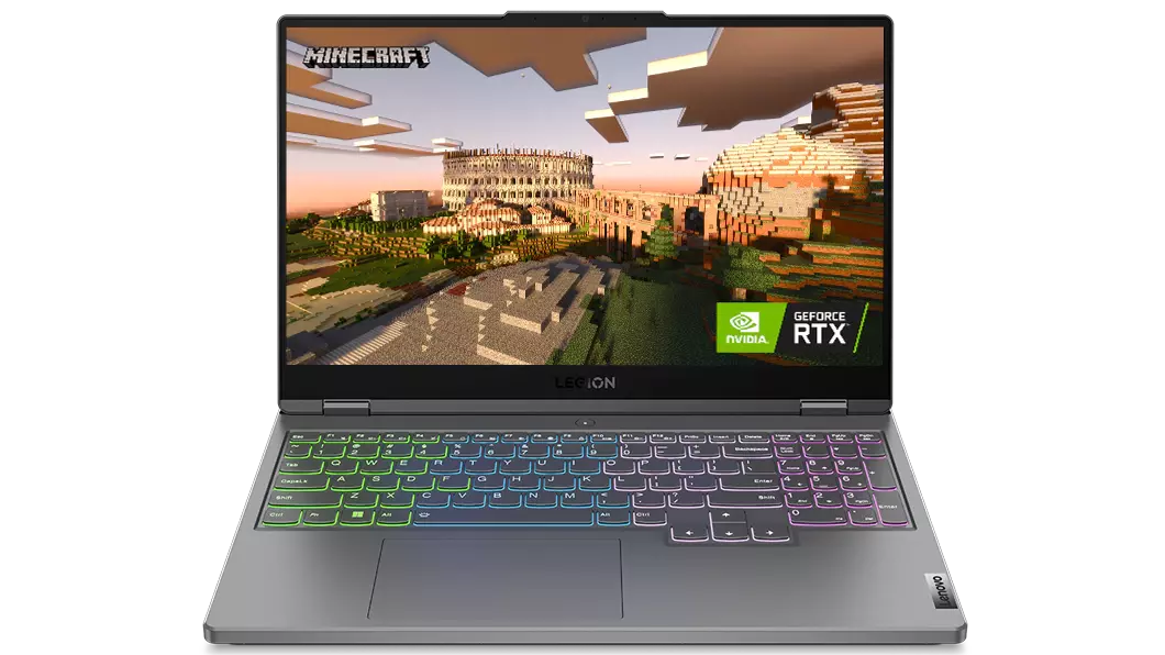 Legion 5i Gen 7 (15” Intel) in Storm Grey, front facing close-up of screen, with NVIDIA® GeForce RTX™ badge.