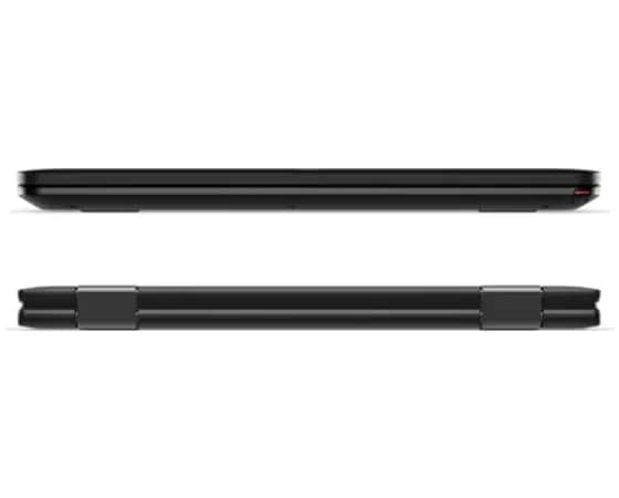Rear and front views of Lenovo ThinkPad Yoga 11e (5th gen) laptop with top closed, showing hinges and opening.