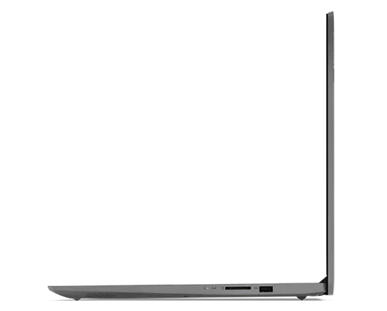 Left-side profile of Lenovo V17 Gen 3 laptop, open 90 degrees, showing edge of top cover & keyboard, & left-side ports