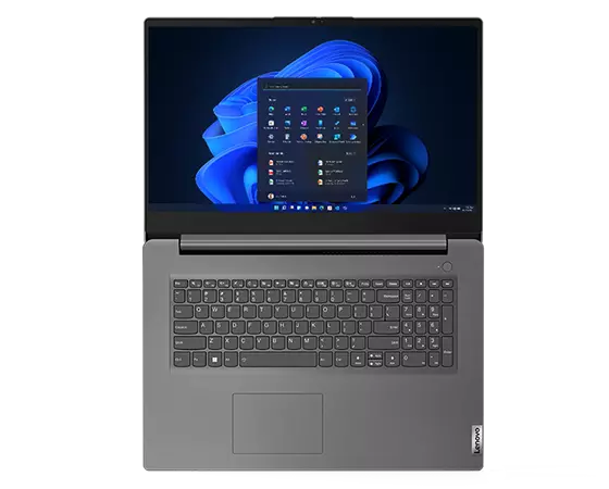 Aerial view of Lenovo V17 Gen 3 laptop, laid flat open, showing keyboard & display (with Windows 11 start-up menu)