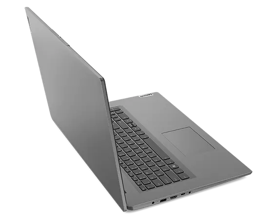Bovenaanzicht onder een hoek van Lenovo V17 Gen 3-laptop, 180 graden geopend, met de rand van de bovenkant en een deel van het toetsenbord