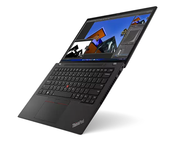 Lenovo ThinkPad P14s Gen 3 Notebook, Ansicht von rechts, um 180 Grad geöffnet, mit Blick auf Tastatur, Display und die Anschlüsse auf der rechten Seite.