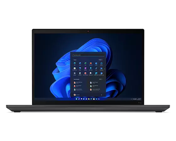 Vooraanzicht van Lenovo ThinkPad P14s Gen 3-laptop met focus op het 14&#034;-scherm met het startmenu van Windows 11 Pro.