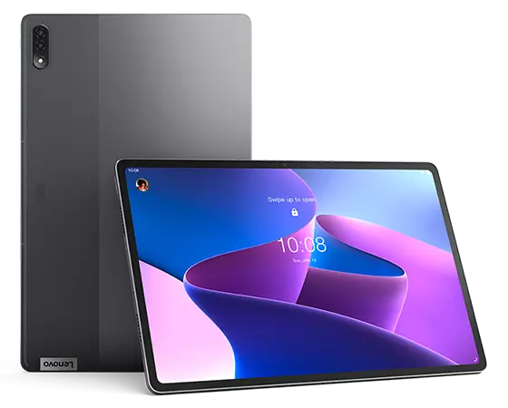 Two Lenovo Tab P12 Pro tablets sit back-to-back, with one facing the camera and sitting at a slight angle.