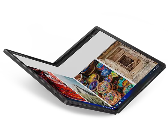 Lenovo ThinkPad X1 Fold opvouwbare pc in boekstand. Miniatuur: Lenovo ThinkPad X1 Fold opvouwbare pc in boekstand.