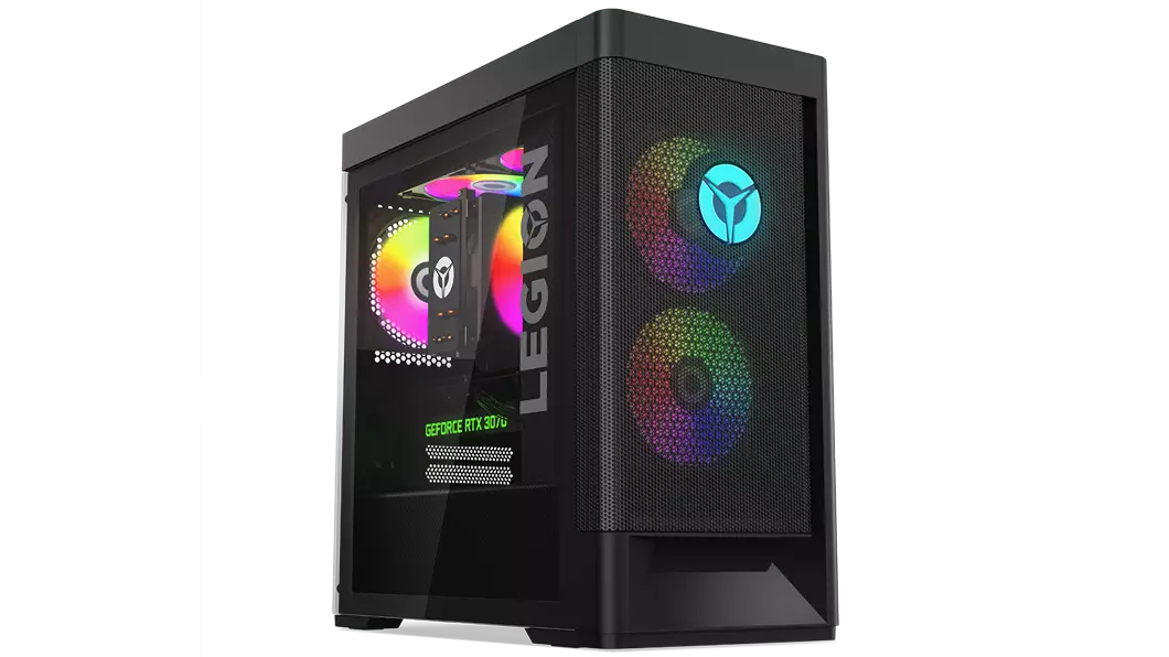 Legion Tower 5i Gen 7 front view, facing right with view of left side window that shows RGB fans and an NVIDIA® GeForce RTX™ 3070 GPU.