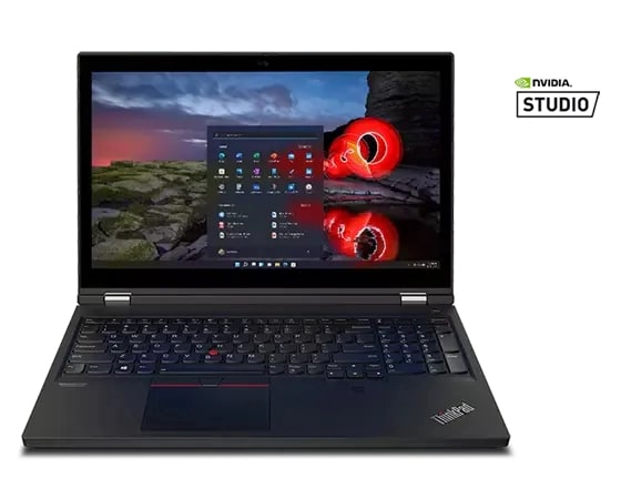 Vorderansicht des Lenovo ThinkPad T15g Gen 2 Notebooks mit Blick auf Display und Tastatur, mit NVIDIA Studio Logo.