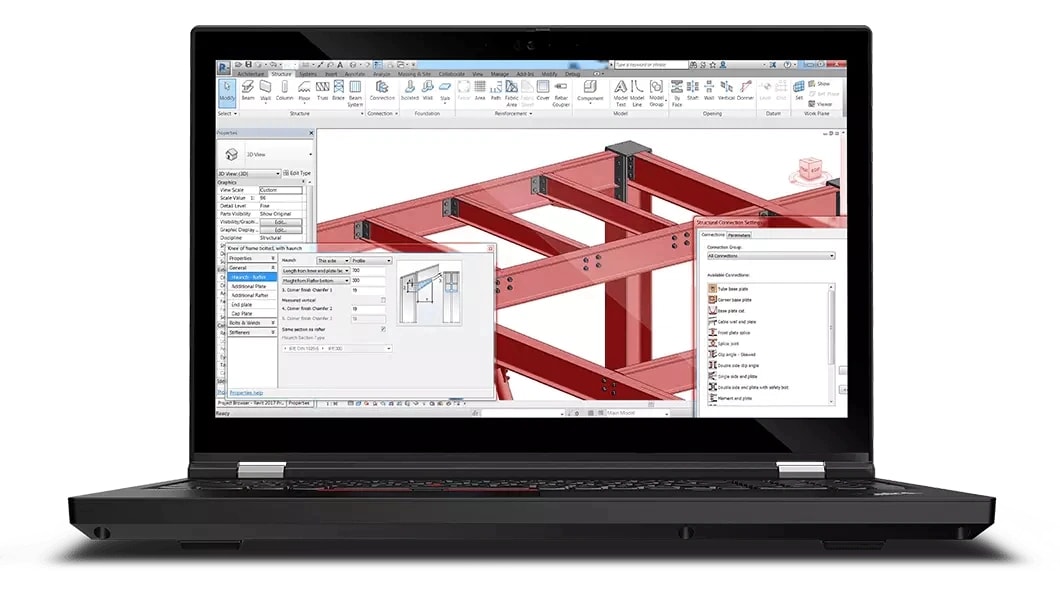 Front facing Lenovo ThinkPad T15g Gen 2 laptop focusing on display, with engineering-construction software showing metal support beams.