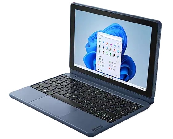 Side view of Lenovo 10w (10'' QLC), opened, showcasing optional detachable keyboard and 10.1” FHD touch display