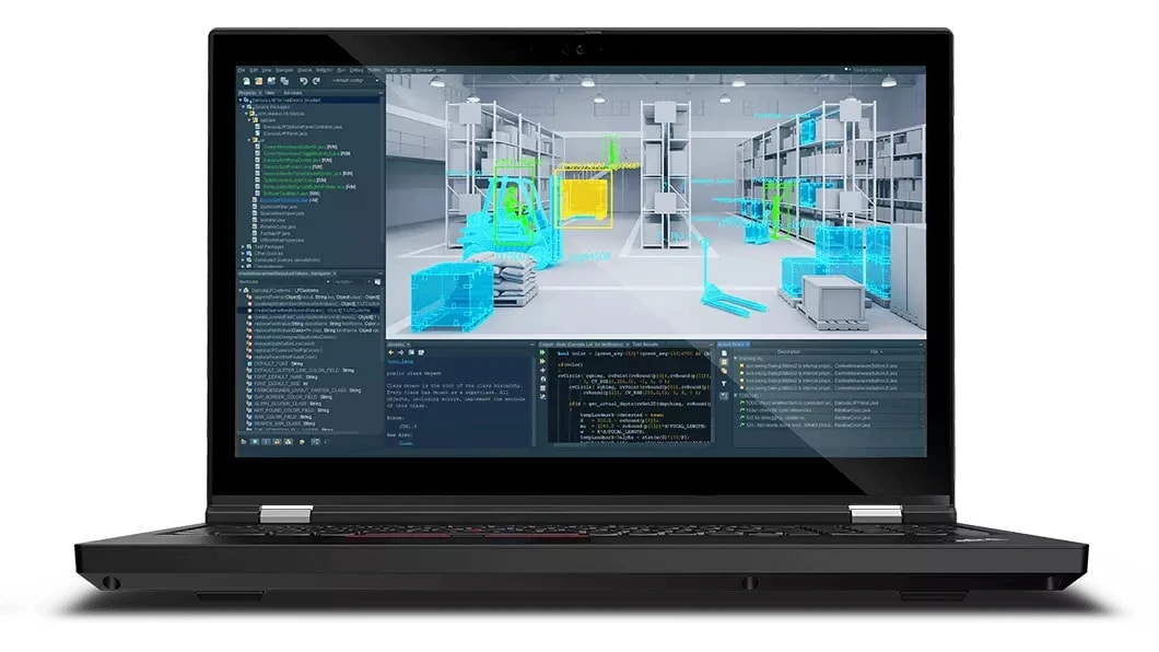 Front facing Lenovo ThinkPad T15g Gen 2 laptop focusing on display, with artificial intelligence based software showing operations in a warehouse.