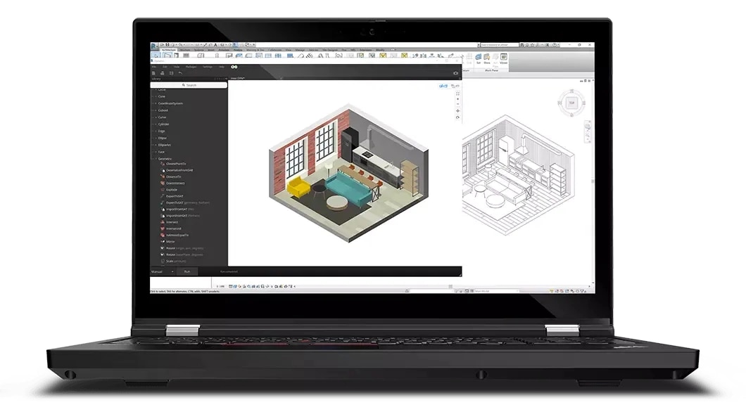 Vue avant du portable Lenovo ThinkPad T15g Gen 2 et de l’écran affichant la conception d’un salon dans un bâtiment en briques via un logiciel d’architecture.