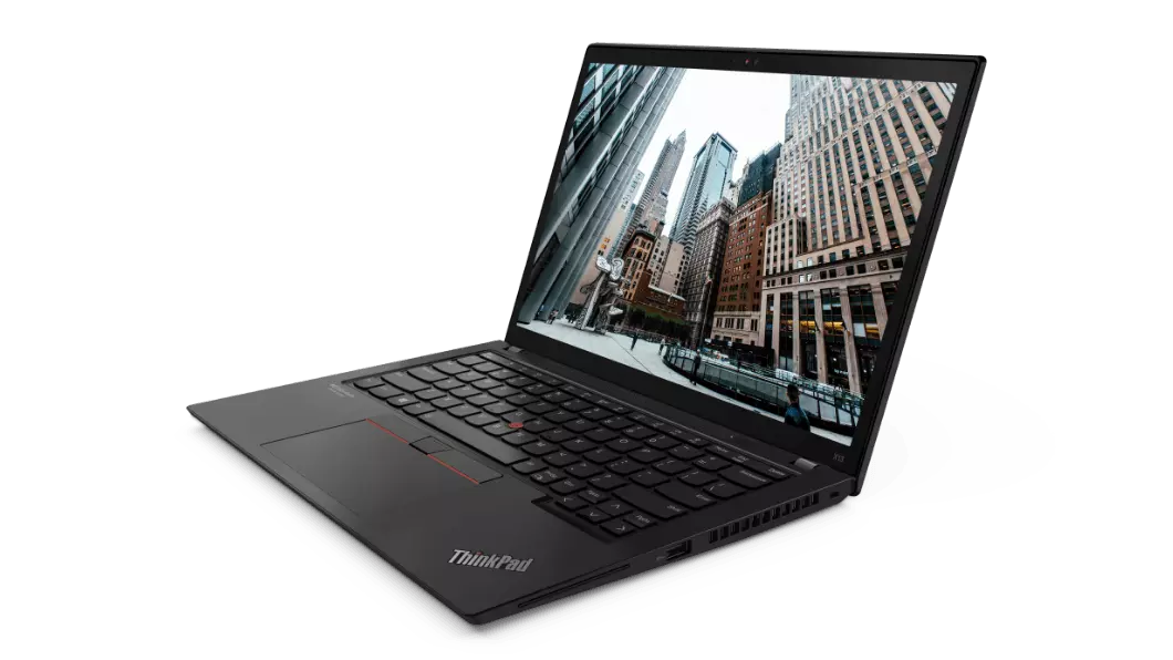 Thumbnail of Lenovo ThinkPad X13 Gen 2 (13, AMD) laptop – ¾ right-front view with lid open and cityscape image on the display