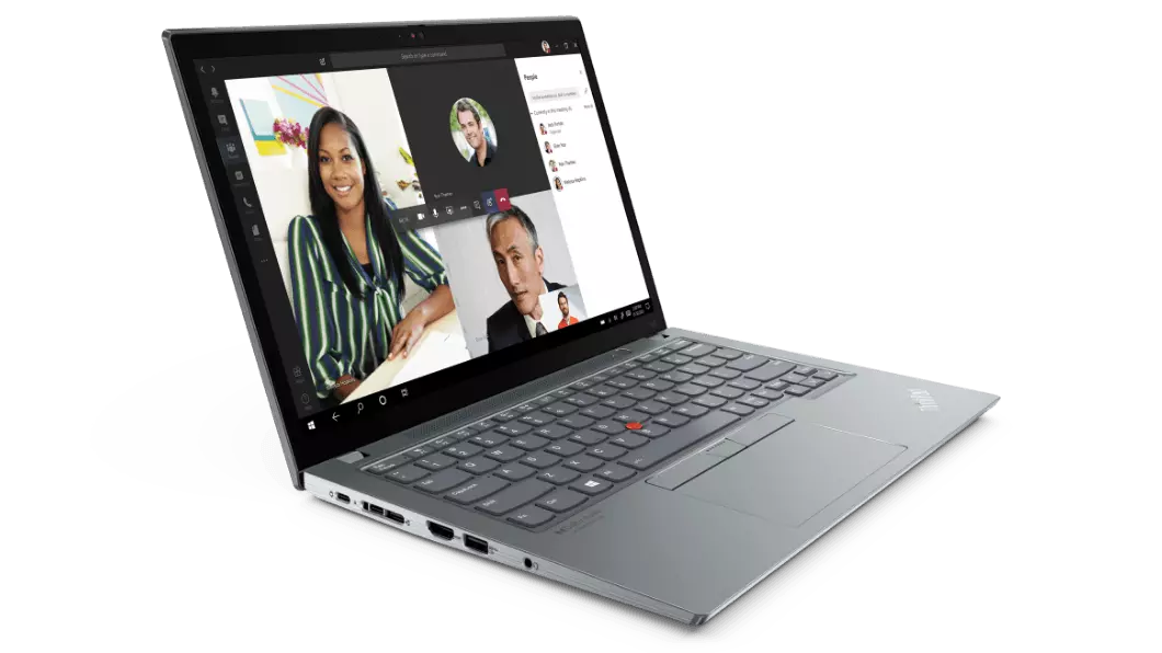 Storm Grey Lenovo ThinkPad X13 Gen 2 (13, AMD) laptop – ¾ left-front view with lid open and video conference participants on the display