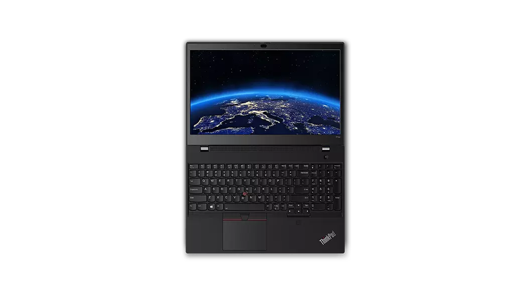 Lenovo ThinkPad P15v mobile workstation—front view from above, with lid open 180 degrees and display showing partial image from space of Earth/Eurasia