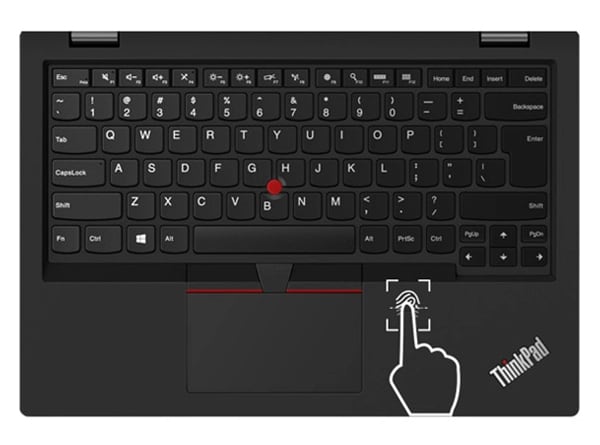 Lenovo ThinkPad L390 - Business laptop open, revealing secure fingerprint reader