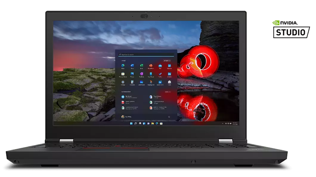 Front facing Lenovo ThinkPad P15 Gen 2 mobile workstation showing Windows 10 Pro on the display and an NVIDIA Studio badge.