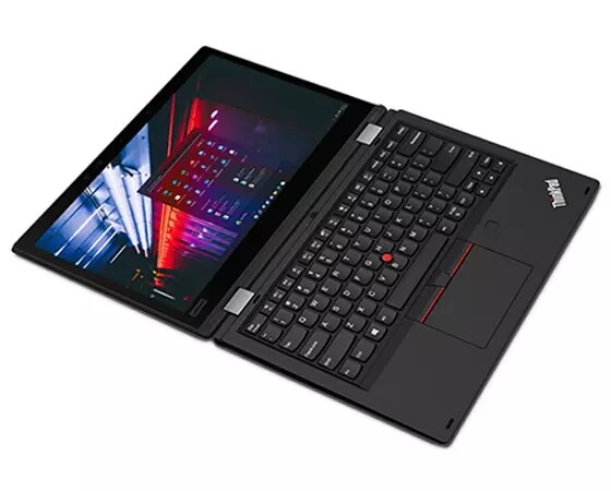 Lenovo ThinkPad L390 Yoga - 2-in-1 laptop folded 180-degrees flat , revealing 13.3" screen and keyboard