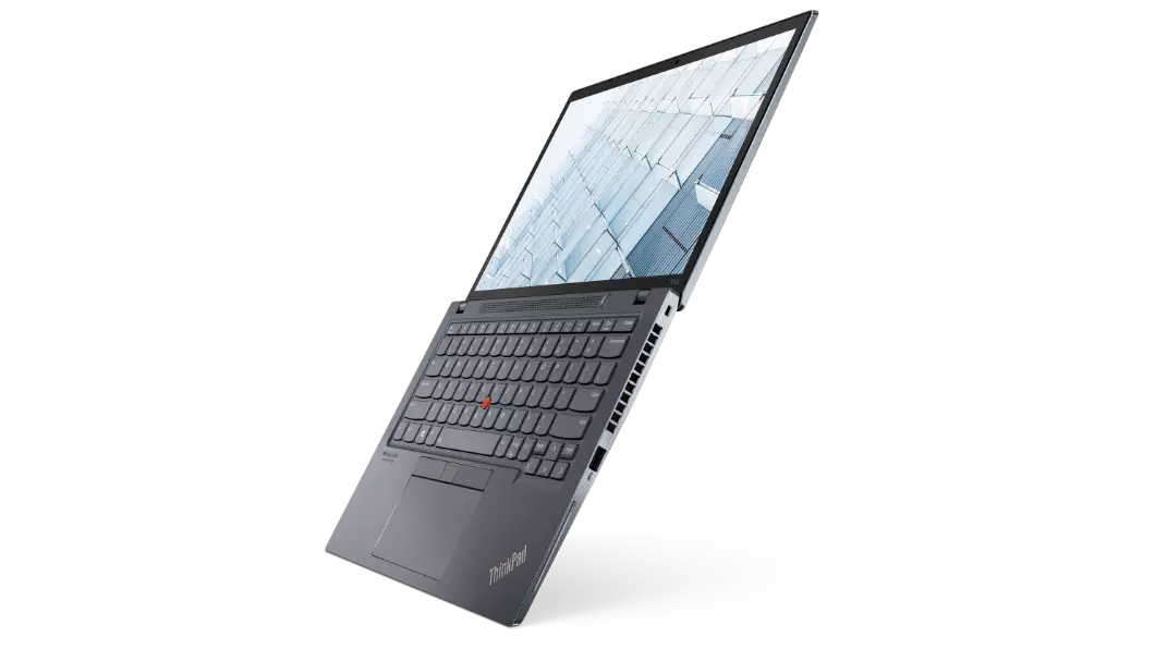 Lenovo ThinkPad X13 Gen 2 (13, AMD) laptop – ¾ right-front view, tilted, with lid open 180 degrees
