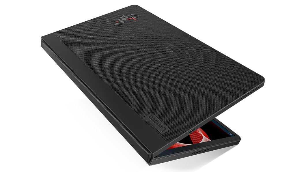 Lenovo ThinkPad X1 Fold foldable PC in book mode, showcasing 100% recycled PET* plastic Woven Performance Fabric top cover.