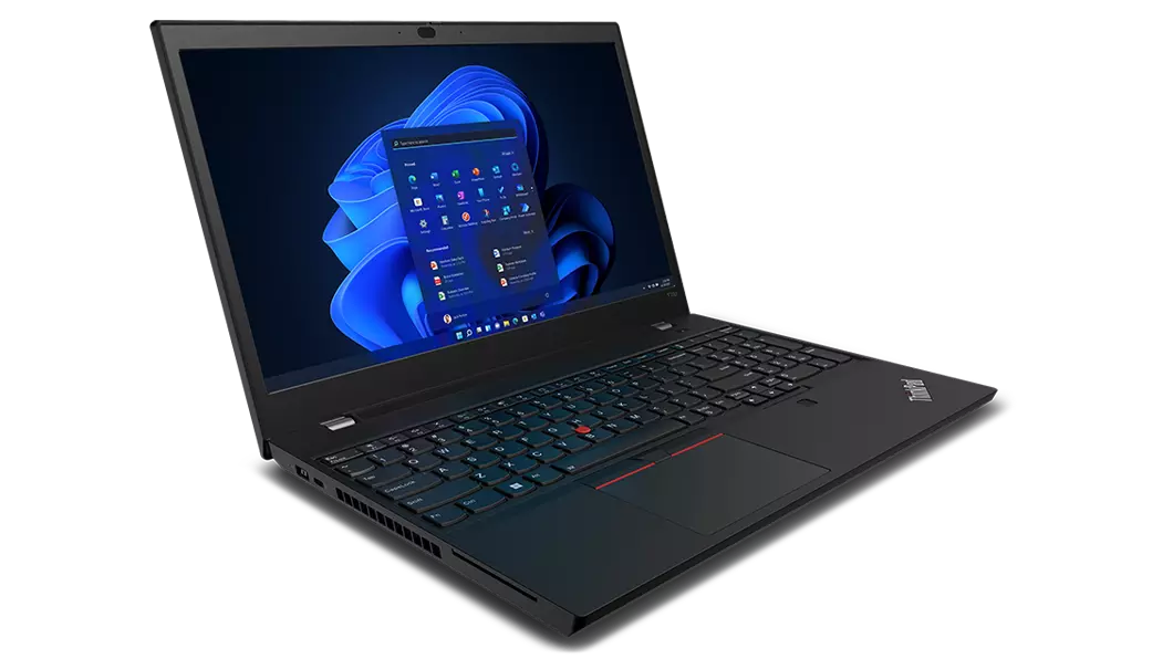 Left side view of ThinkPad T15p Gen 3 (15, Intel) mobile workstation, opened at 90 degrees, showing display, keyboard, and ports