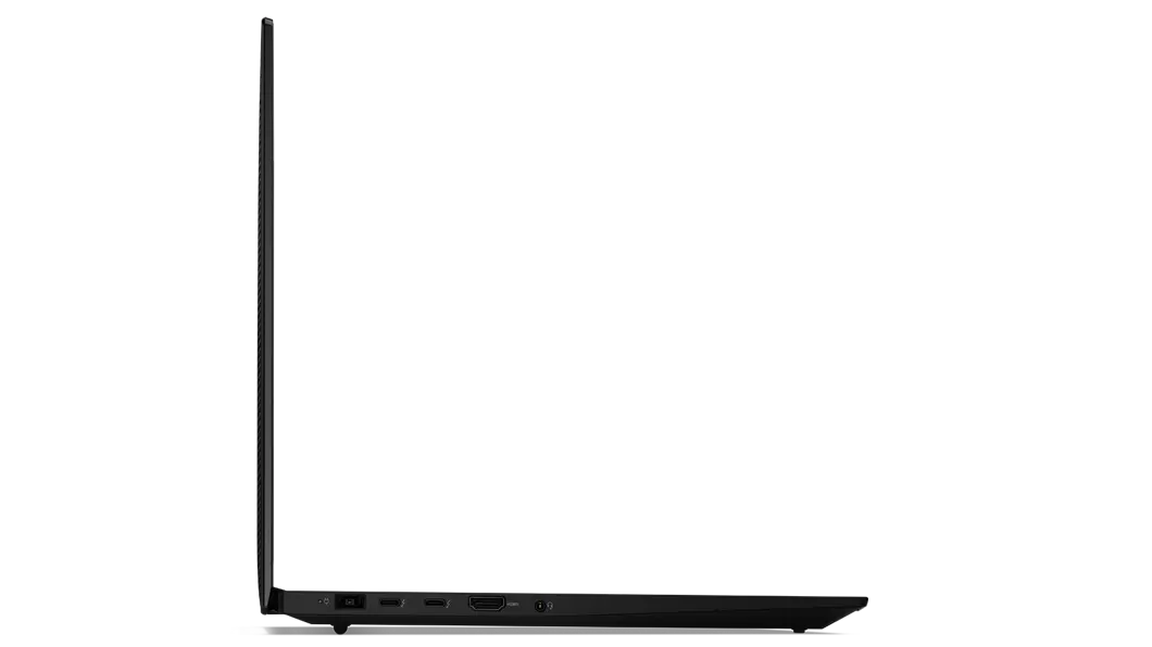 Left-side view of X1 Extreme Gen 5 (16, Intel) laptop, opened, 90 degrees, showing display edge and ports