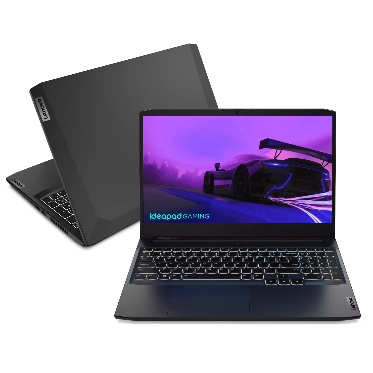 Lenovo IdeaPad Gaming 3i Gen 6 (15, Intel) laptop—3/4 right-front view, tilted upward, with lid open and image of racecar on the display