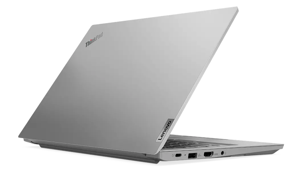 Rear, right-side view of ThinkPad E14 Gen 4 business laptop at an angle, opened 45 degrees in a V-shape, showing top cover and part of keyboard