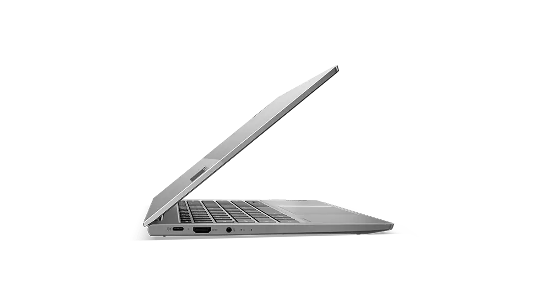 Left side view of the Lenovo ThinkBook 13s Gen (Intel) laptop, open at an acute angle
