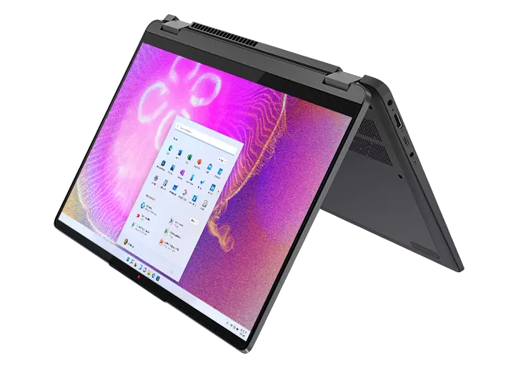 Angle view of the 14, IdeaPad Flex 5i in tent mode, with an OS panel against a swirling blue shape on the display 