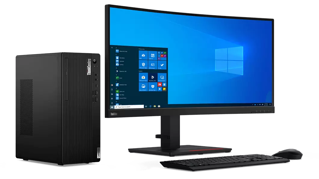 Left side view of Lenovo ThinkCentre M75t Gen 2 placed next to monitor, keyboard and mouse