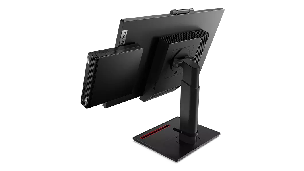 Lenovo ThinkCentre M75q Gen 2 attached to a monitor, rear view