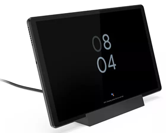 Lenovo Smart Tab M10 HD (2nd Gen) with Google Assistant, displaying the time, on the Smart Dock