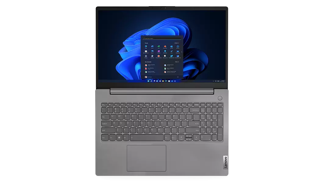 Aerial view of Lenovo V15 Gen 3 (15, Intel) laptop, opened flat 180 degrees, showing keyboard and display with Windows 11