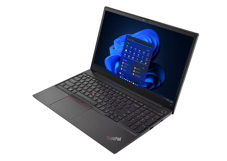 Front facing ThinkPad E14 Gen 4 business laptop, angled slightly to the right, opened 90 degrees, showing keyboard, ports, optional earphone tray, and display with Windows 11