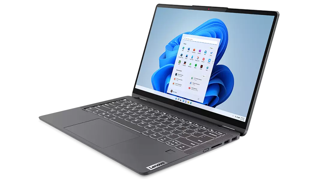 Lenovo IdeaPad Flex 5 Gen 7 (14, AMD) 2-in-1 laptop—¾ right view, laptop mode, lid open