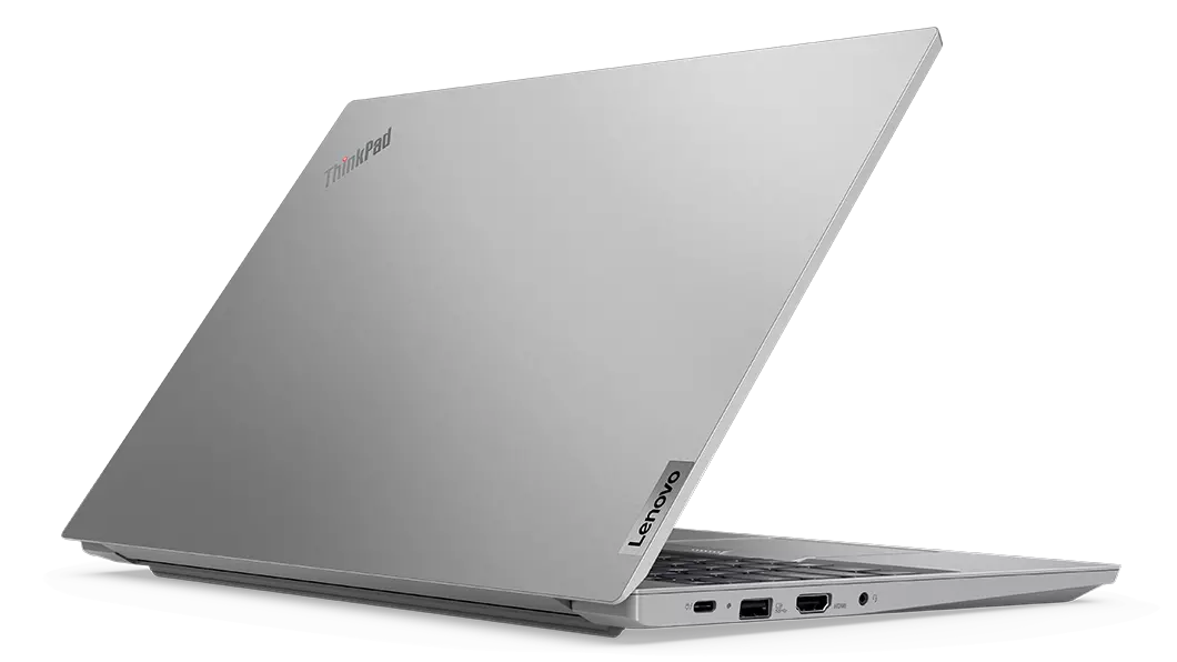 Rear facing ThinkPad E14 Gen 4 business laptop, opened 45 degrees at a slight angle, showing top cover and part of keyboard