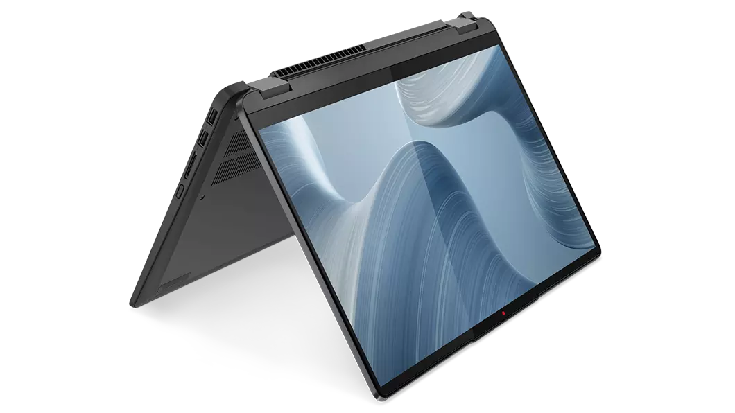 Angle view of the 14, IdeaPad Flex 5i in tent mode, with an OS panel against a swirling grey shape on the display