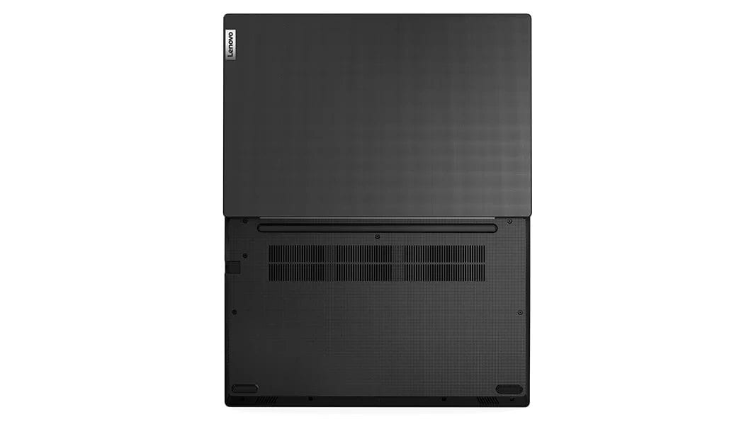 Aerial view of Lenovo V14 Gen 3 (14, AMD) laptop, opened 180 degrees flat, showing rear top and bottom covers