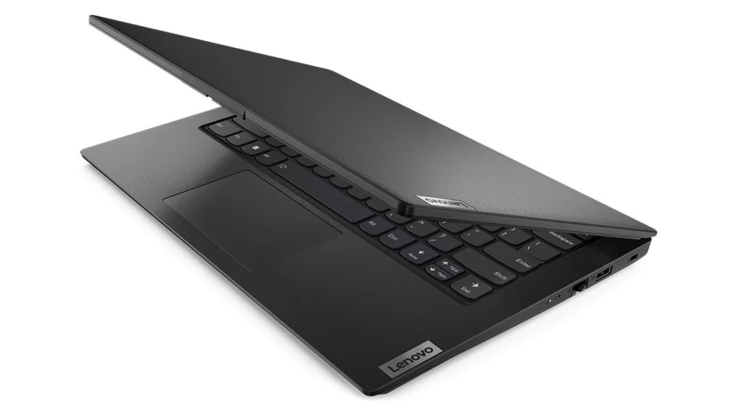 Right side view of Lenovo V14 Gen 3 (14, AMD) laptop, slightly opened, showing front cover and part of keyboard